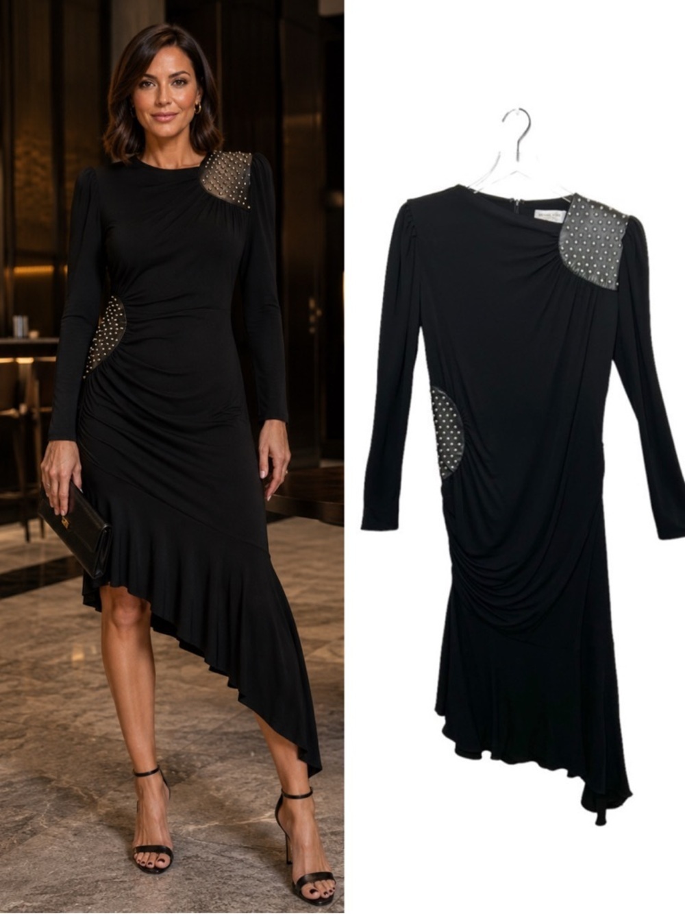 Michael Kors Collection Studded Leather Patch Asymmetric Midi Dress Sz 10